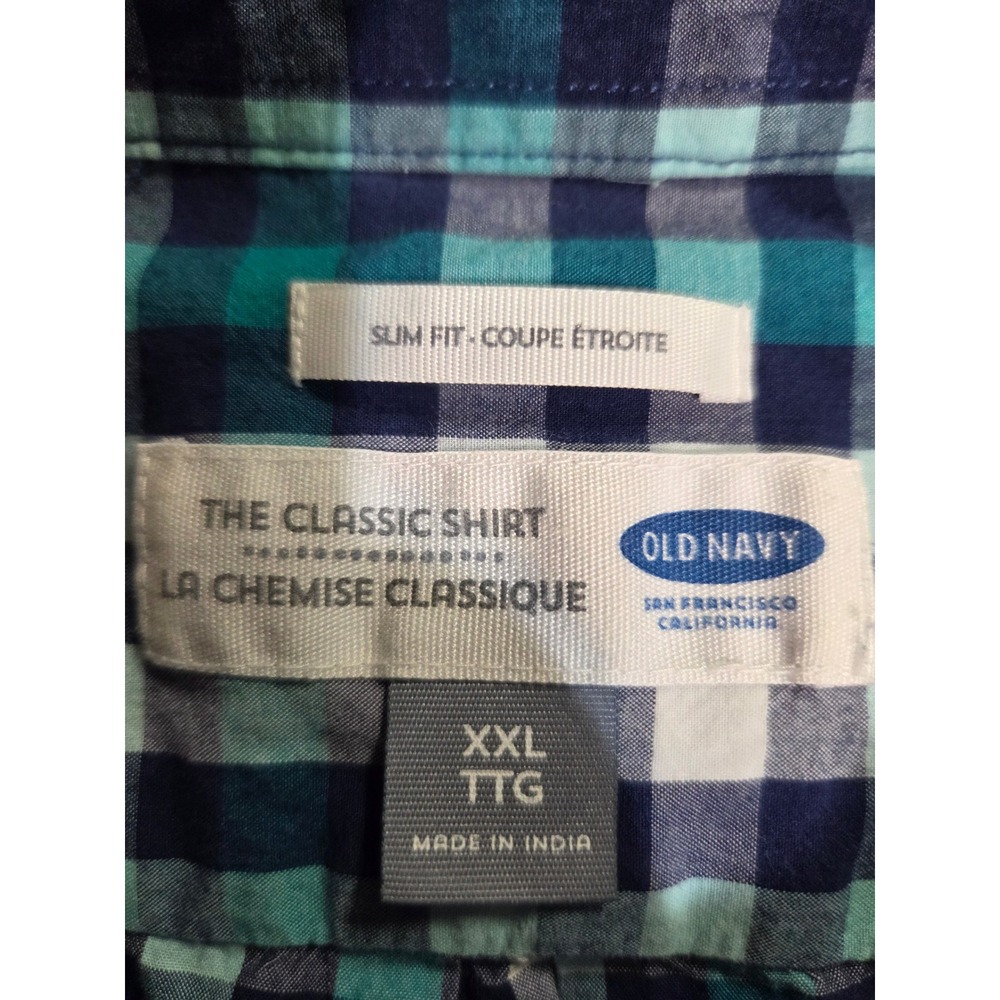 Old Navy Men's XXL Blue Teal White Plaid Short Sleeve Button Down Shirt Slim Fit - Picture 5 of 7